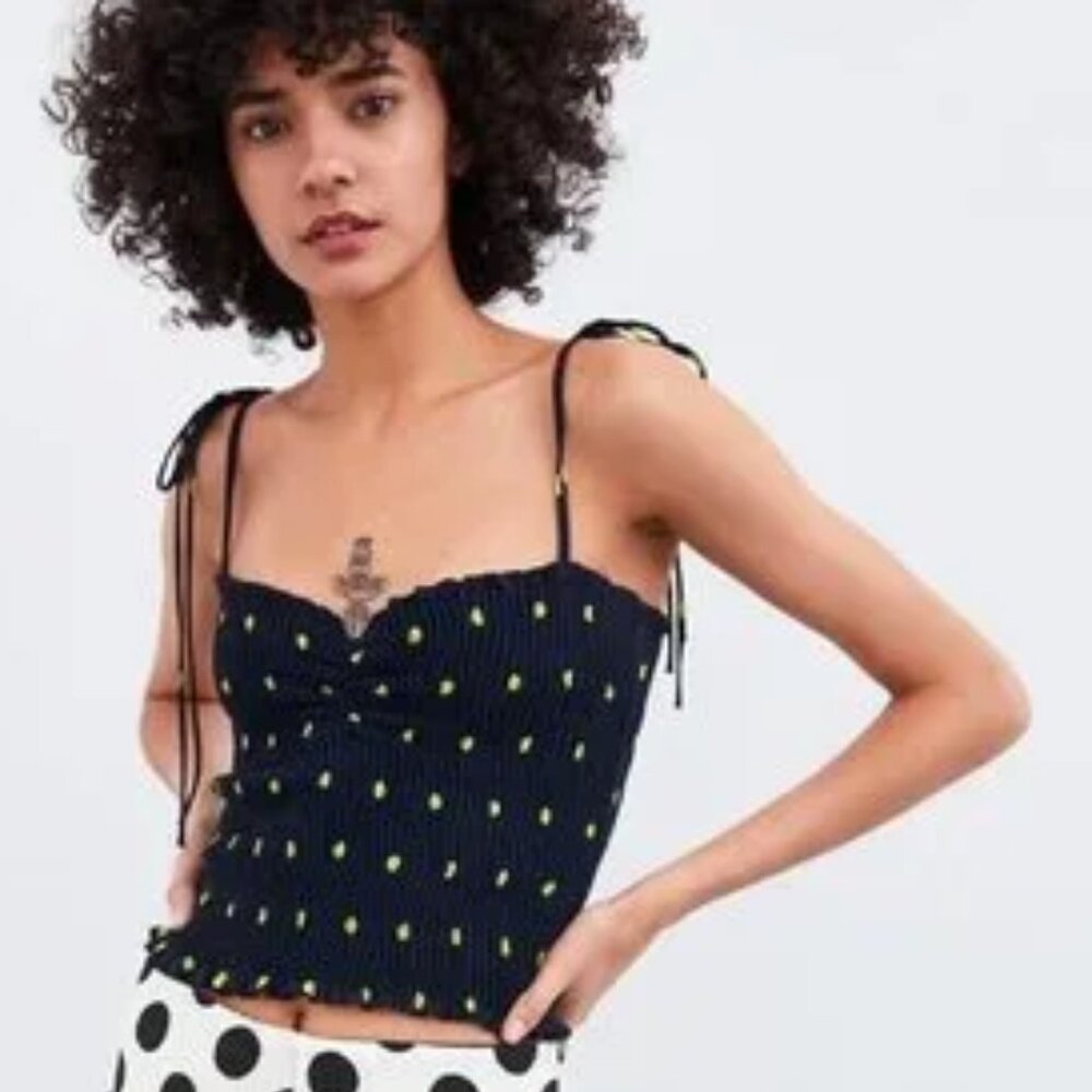 Zara Ruched Polka Dot Tie-Strap Shirt